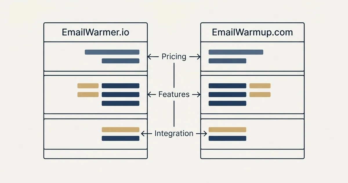 Comparison panel: EmailWarmer.io vs EmailWarmup.com (Pricing, Features, Integration)