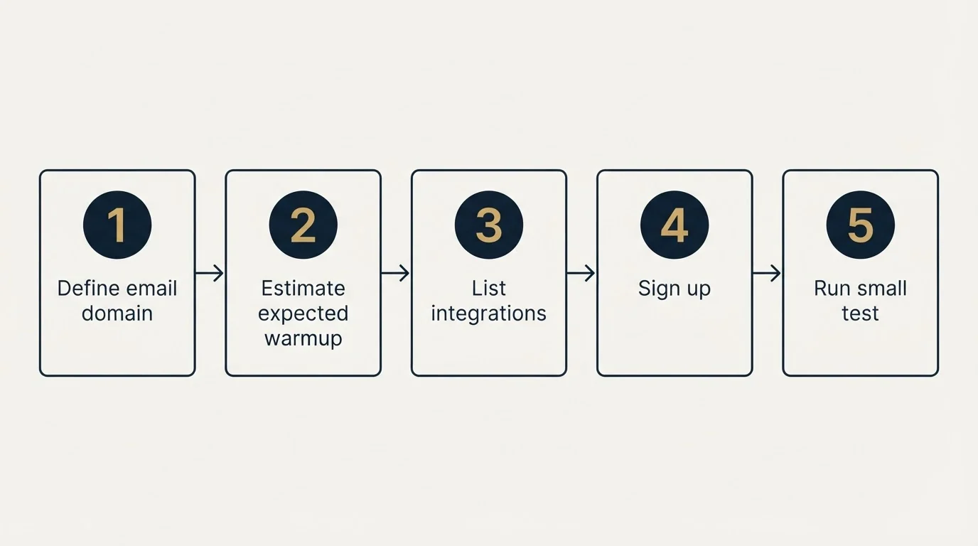 Step sequence: Getting Started Checklist (Define email domain, Estimate expected warmup, List integrations, Sign up)