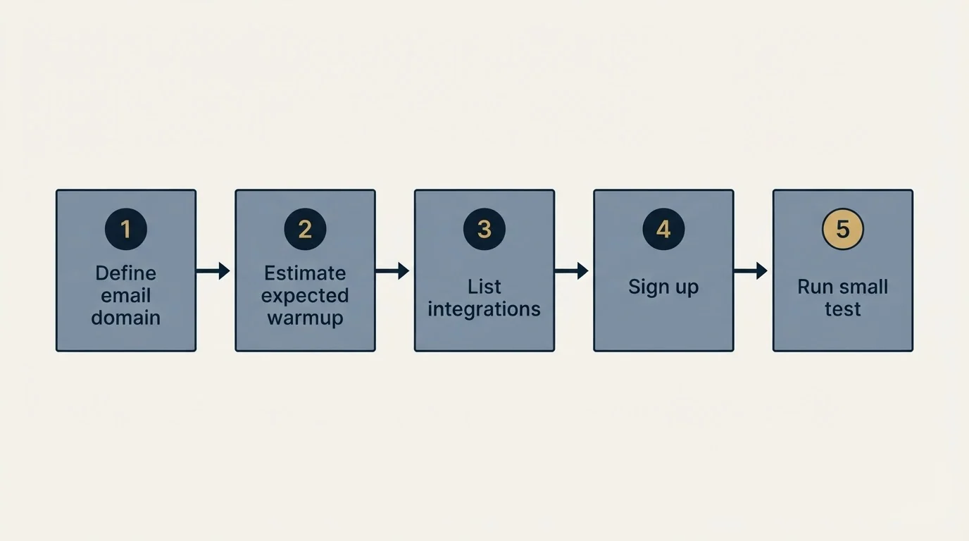 Step sequence: Getting Started Checklist (Define email domain, Estimate expected warmup, List integrations, Sign up)