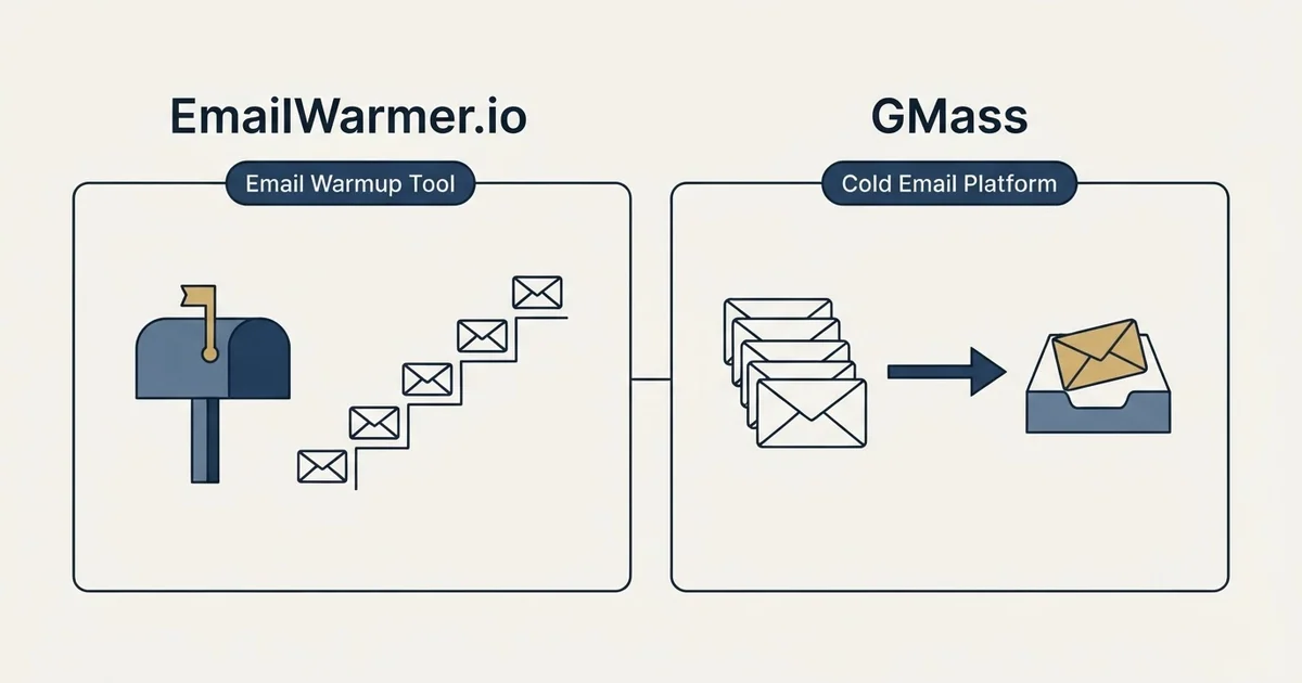 Side-by-side panels: EmailWarmer.io vs GMass (Email Warmup Tool, Cold Email Platform)