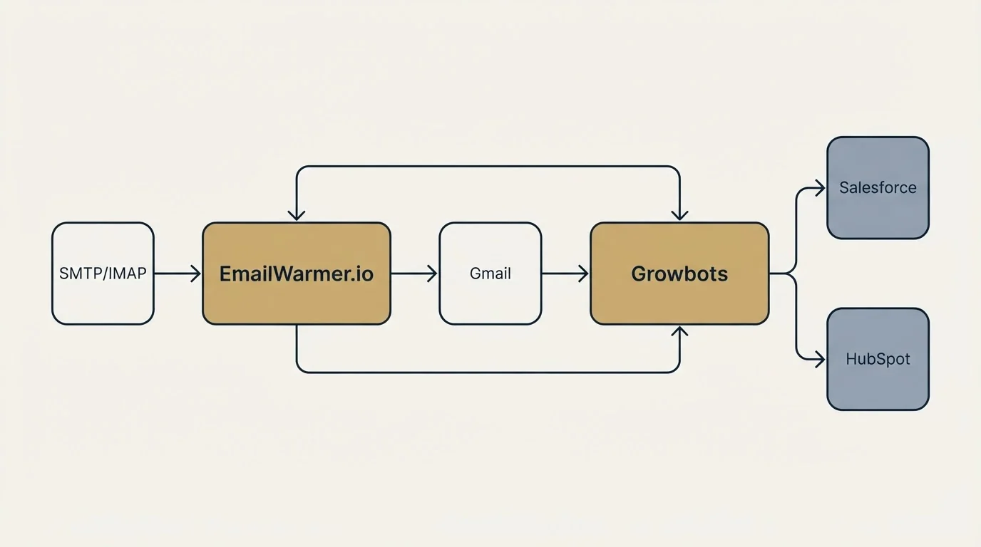 Integration schematic: Integration Ecosystem (EmailWarmer.io, Growbots, Gmail, Salesforce)