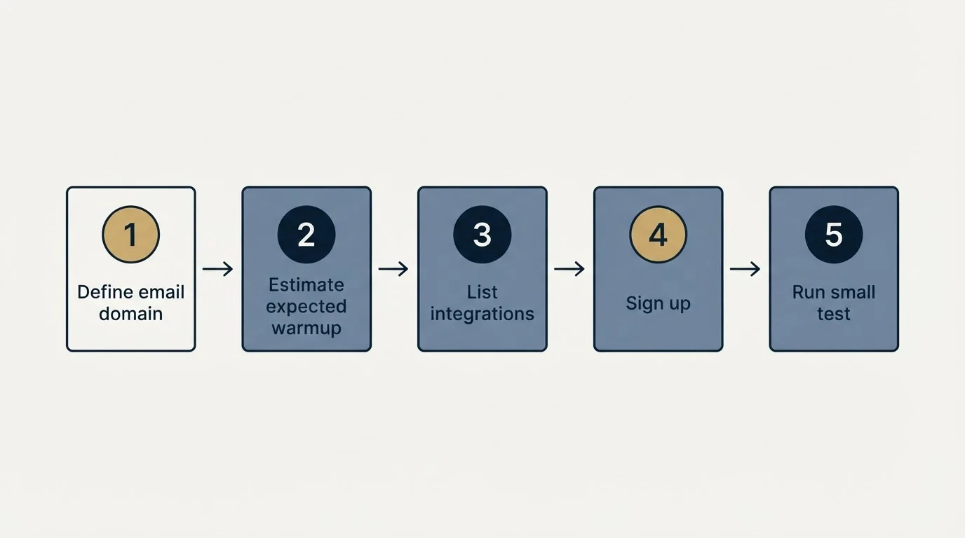 Step sequence: Getting Started Checklist (Define email domain, Estimate expected warmup, List integrations, Sign up)