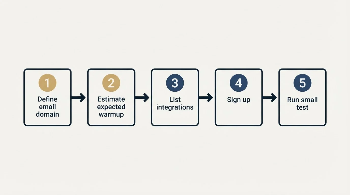 Step sequence: Getting Started Checklist (Define email domain, Estimate expected warmup, List integrations, Sign up)