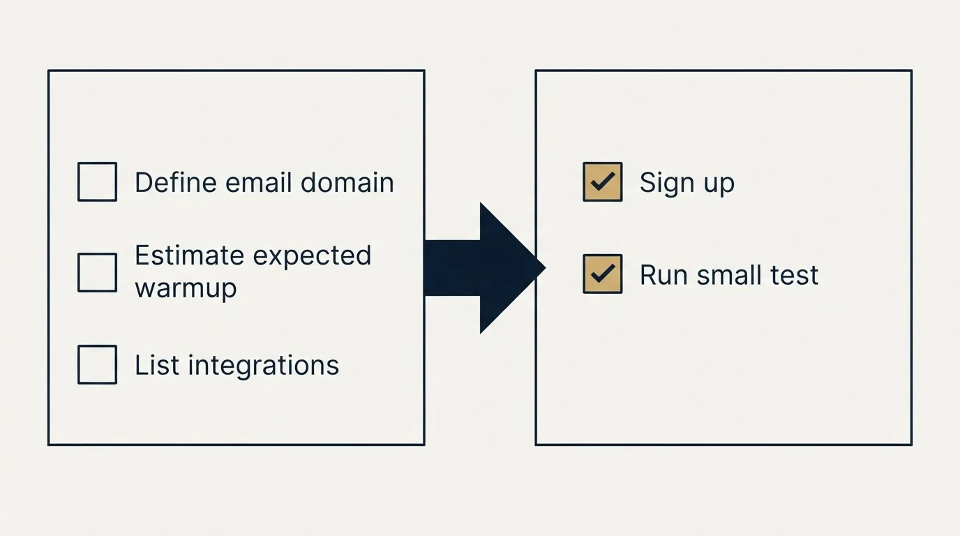 Before-and-after steps: Getting Started Checklist (Define email domain, Estimate expected warmup, List integrations, Sign up)