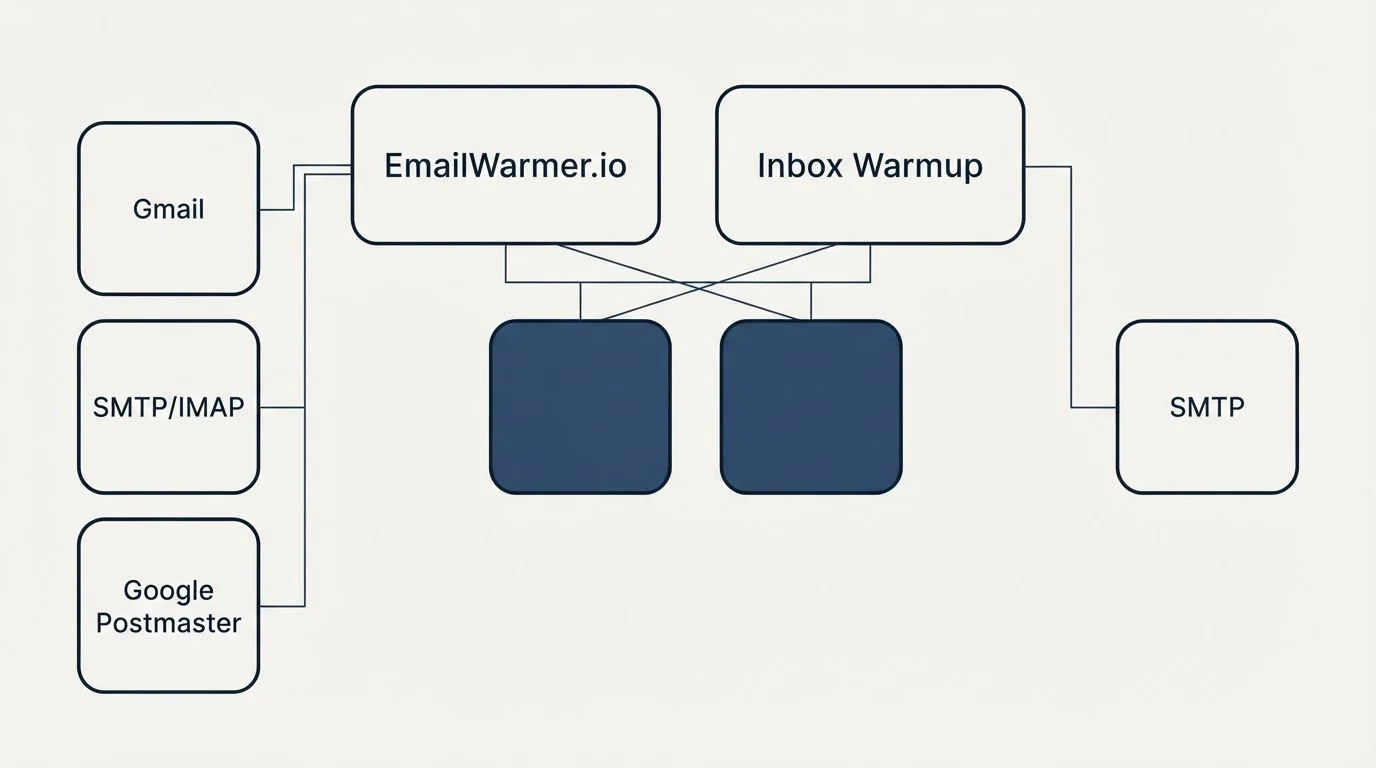Integration grid: Integration Ecosystem (EmailWarmer.io, Inbox Warmup, Gmail, SMTP)