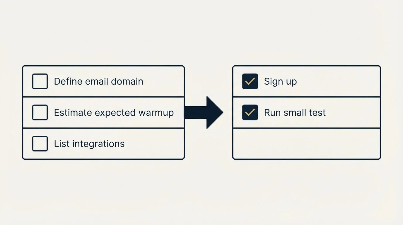 Before-and-after steps: Getting Started Checklist (Define email domain, Estimate expected warmup, List integrations, Sign up)