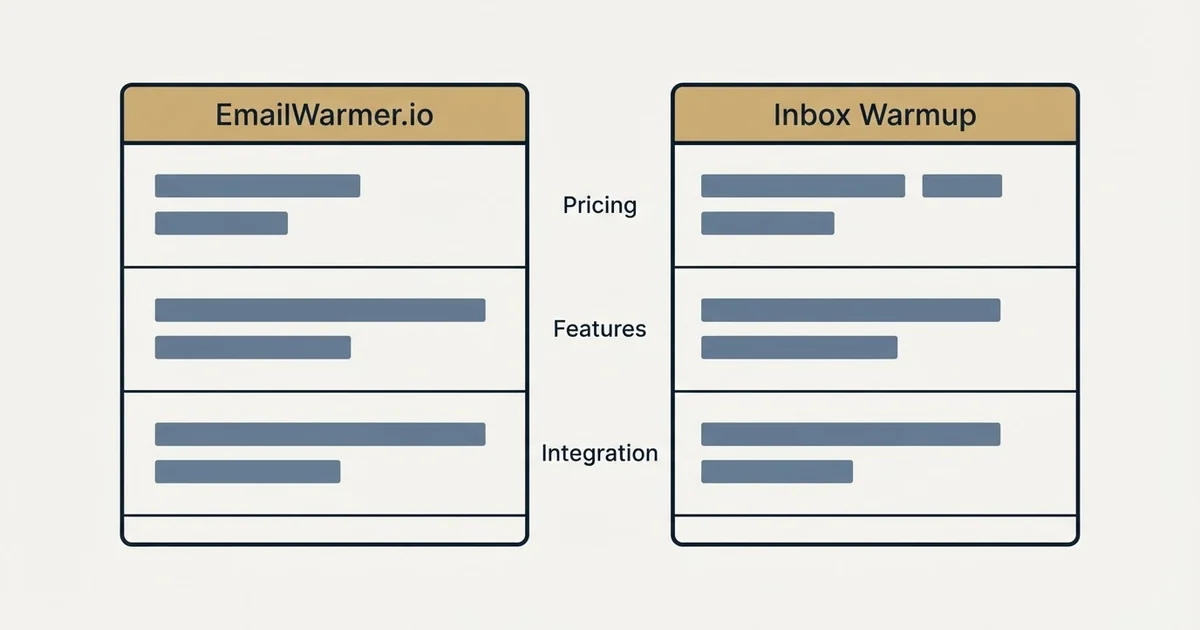 Comparison panel: EmailWarmer.io vs Inbox Warmup (Pricing, Features, Integration)