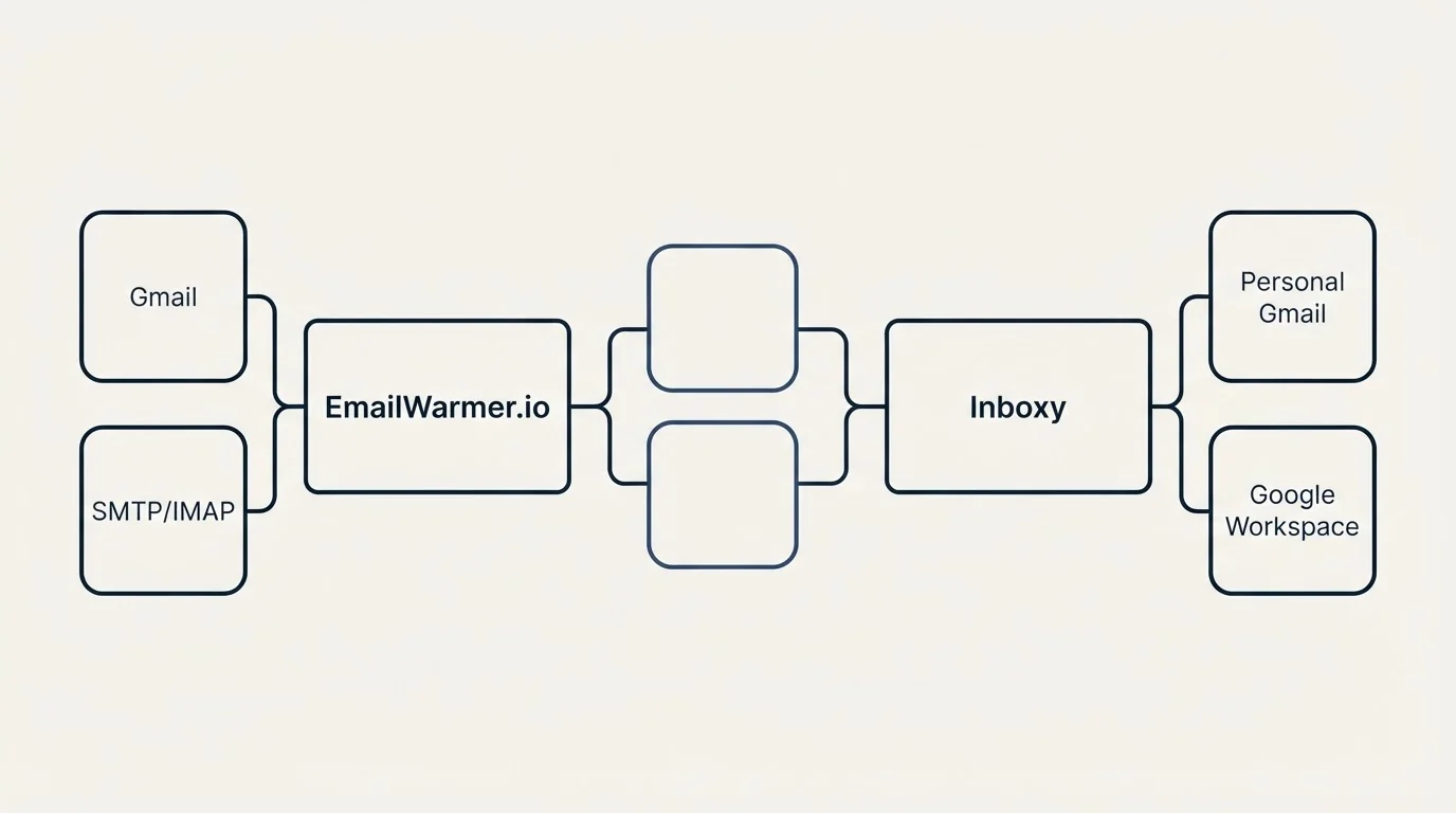 Integration schematic: Integration Ecosystem (EmailWarmer.io, Inboxy, Gmail, Personal Gmail)