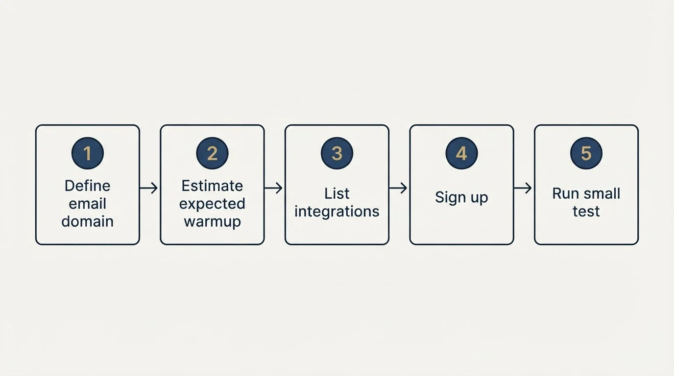 Step sequence: Getting Started Checklist (Define email domain, Estimate expected warmup, List integrations, Sign up)