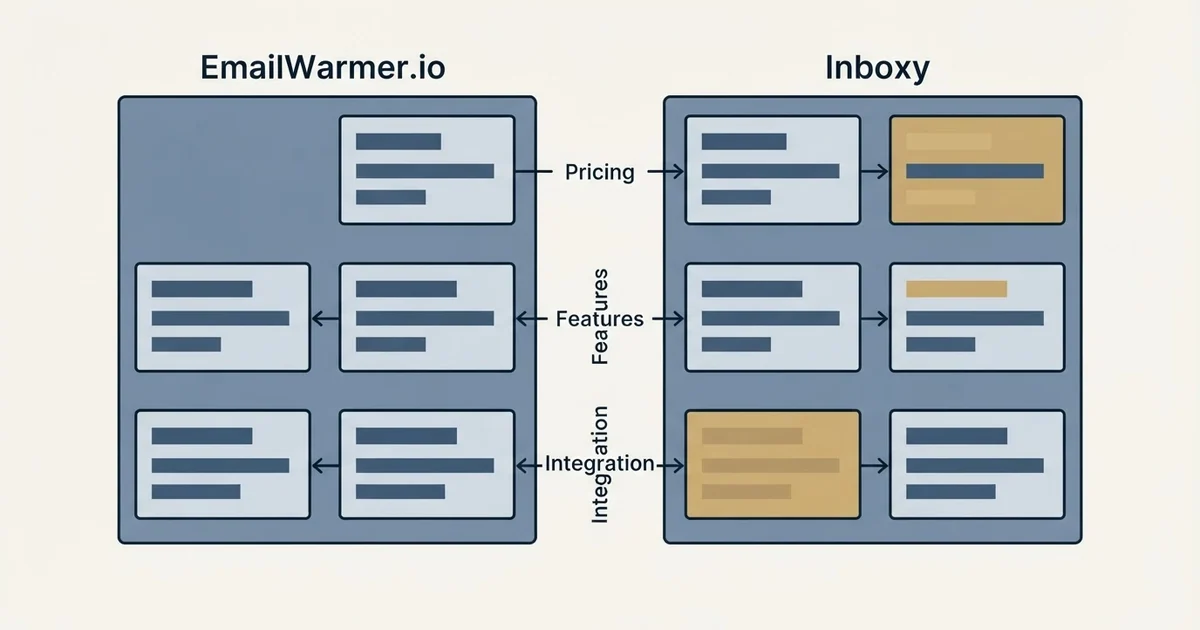 Comparison panel: EmailWarmer.io vs Inboxy (Pricing, Features, Integration)