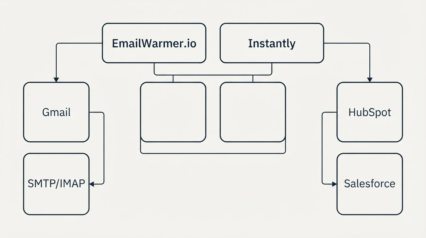 Integration grid: Integration Ecosystem (EmailWarmer.io, Instantly, Gmail, HubSpot)