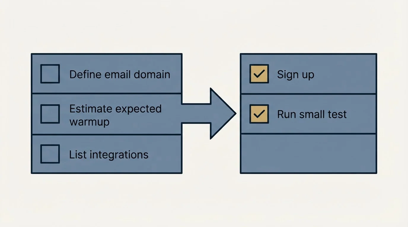 Before-and-after steps: Getting Started Checklist (Define email domain, Estimate expected warmup, List integrations, Sign up)