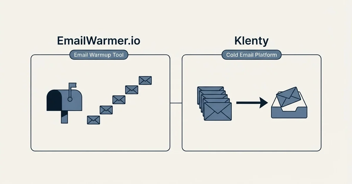 Side-by-side panels: EmailWarmer.io vs Klenty (Email Warmup Tool, Cold Email Platform)