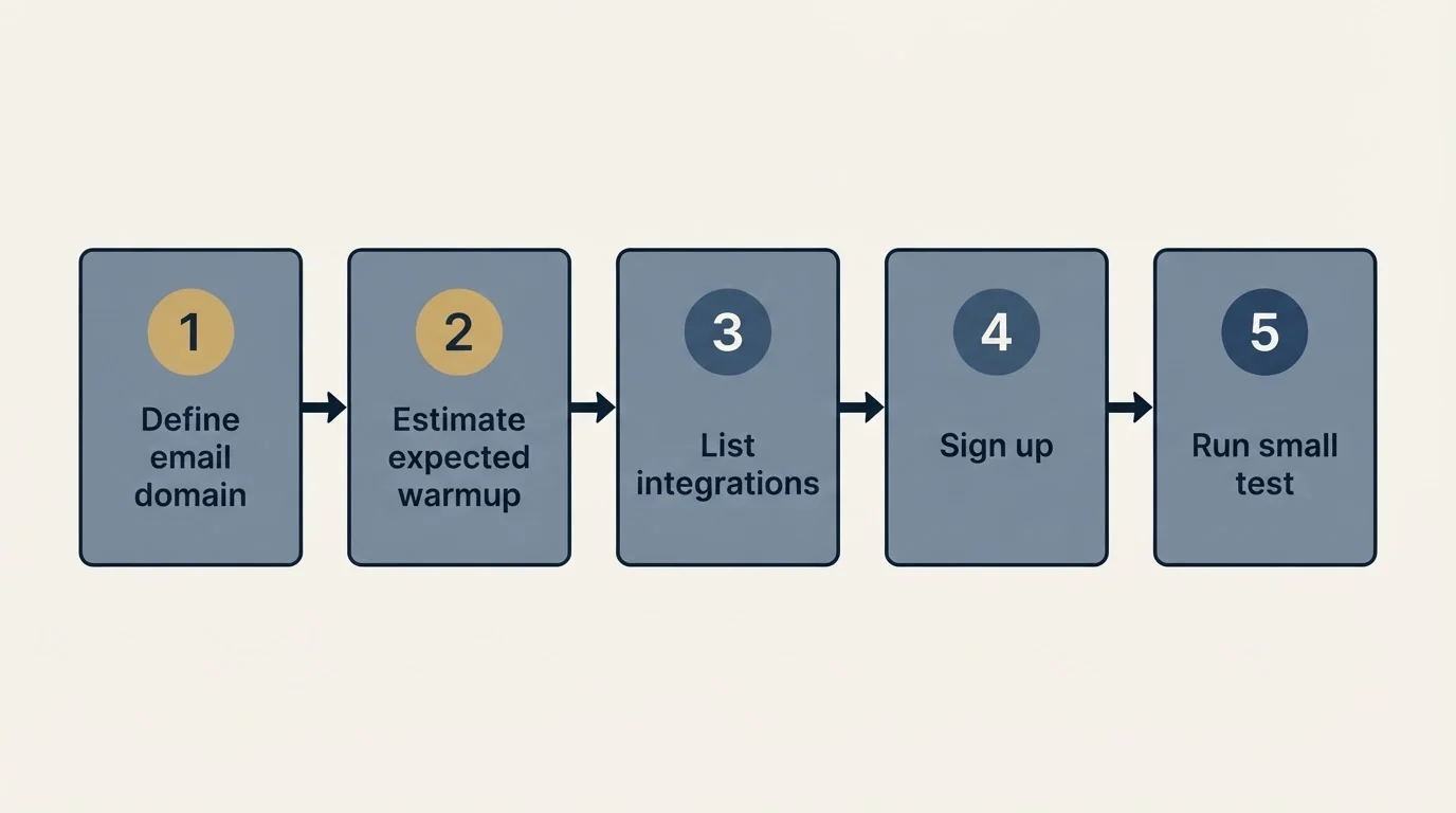 Step sequence: Getting Started Checklist (Define email domain, Estimate expected warmup, List integrations, Sign up)