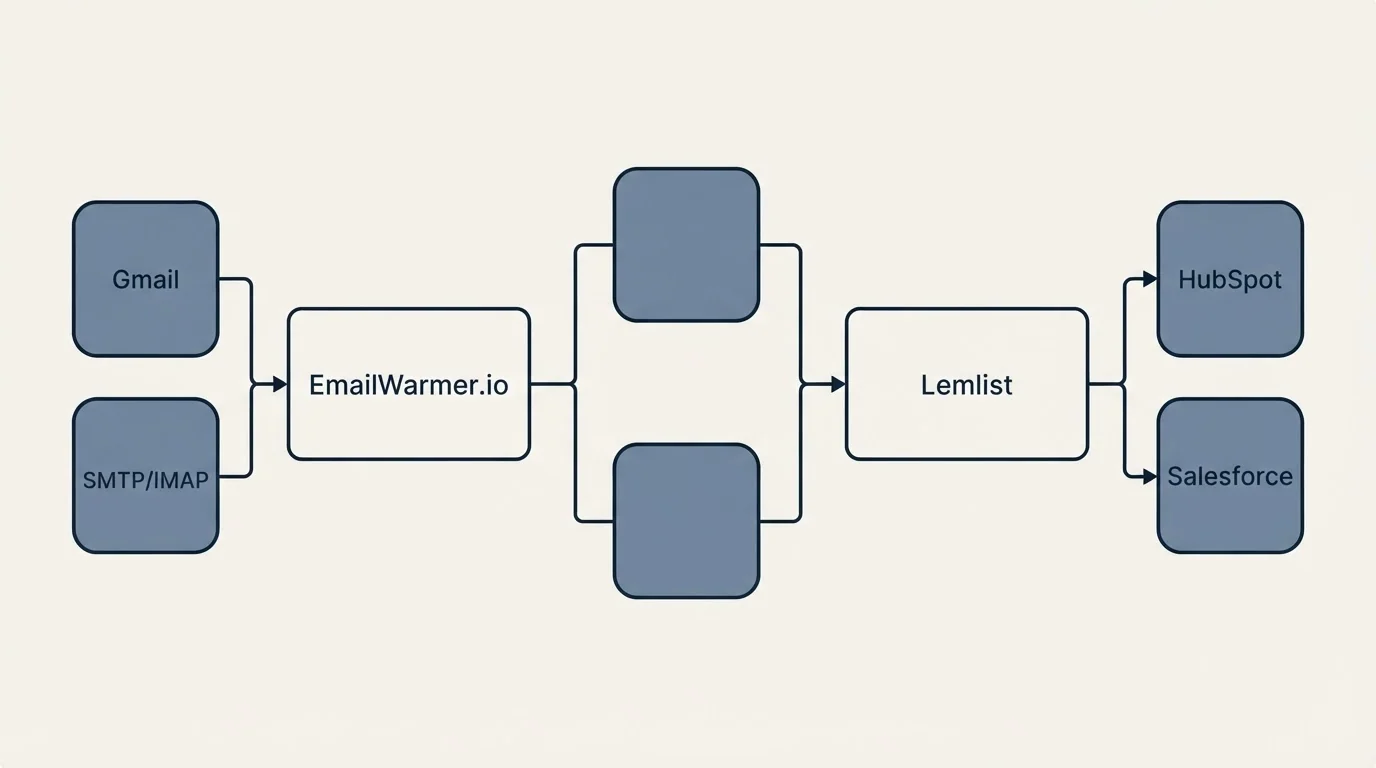 Integration flow: Integration Ecosystem (EmailWarmer.io, Lemlist, Gmail, HubSpot)