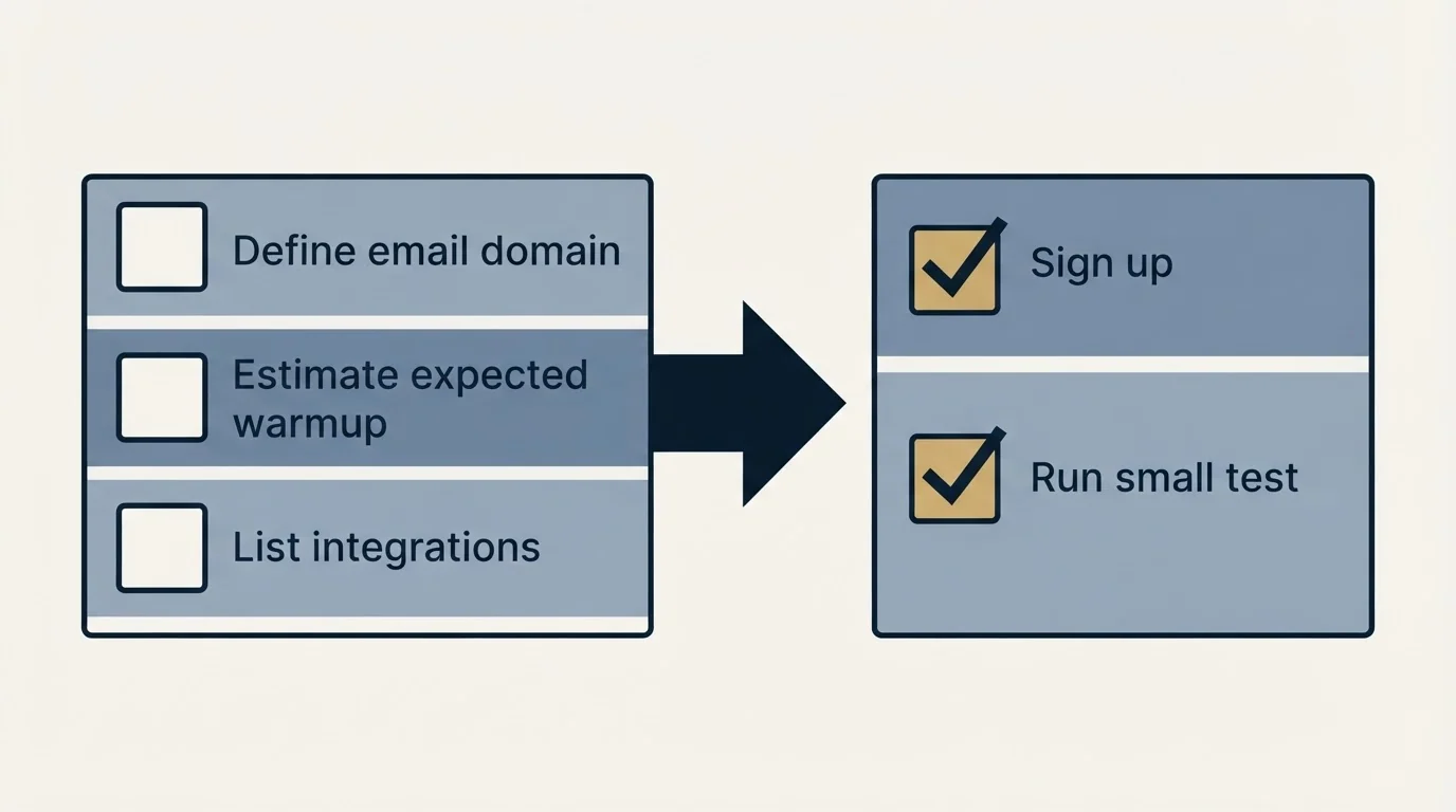 Before-and-after steps: Getting Started Checklist (Define email domain, Estimate expected warmup, List integrations, Sign up)