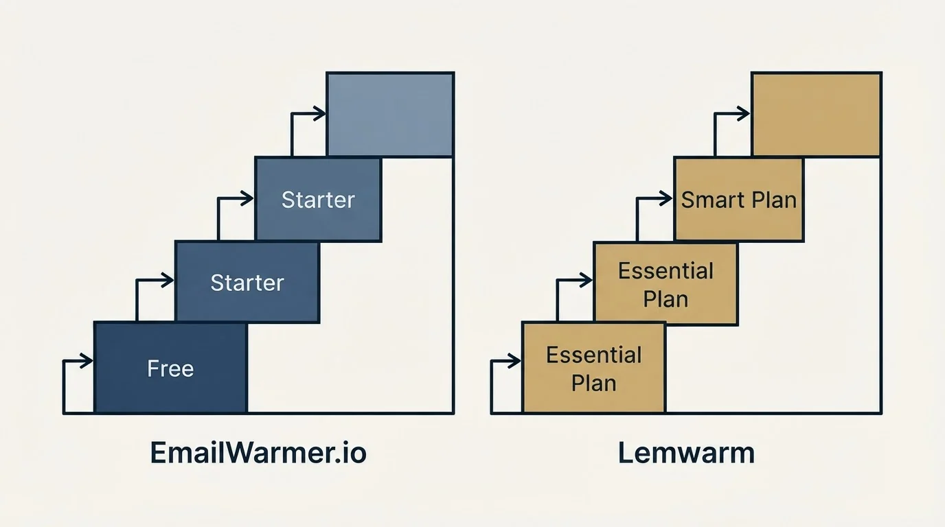 Pricing ladder: Pricing Comparison (EmailWarmer.io, Lemwarm, Free, Essential Plan)
