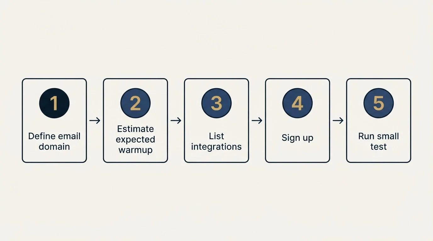 Step sequence: Getting Started Checklist (Define email domain, Estimate expected warmup, List integrations, Sign up)