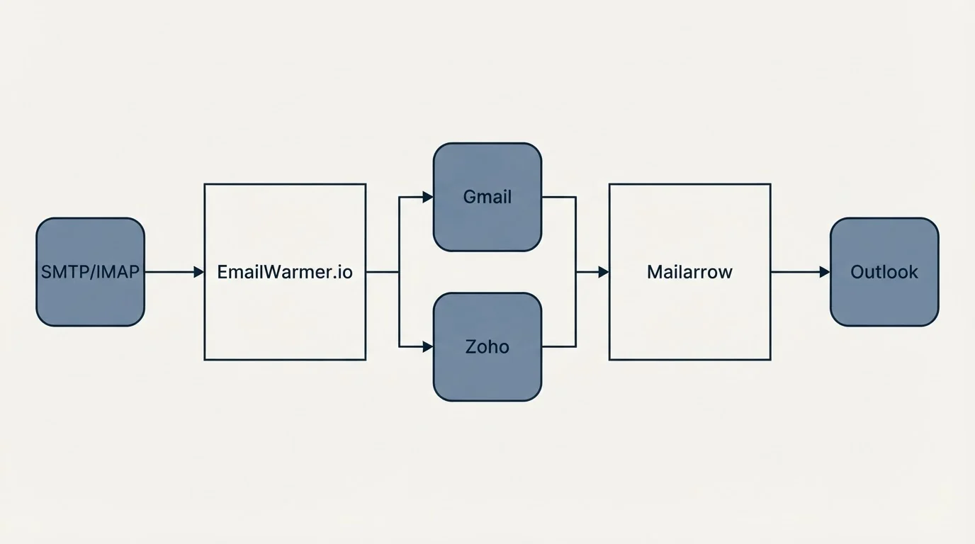 Integration flow: Integration Ecosystem (EmailWarmer.io, Mailarrow, Gmail, Zoho)