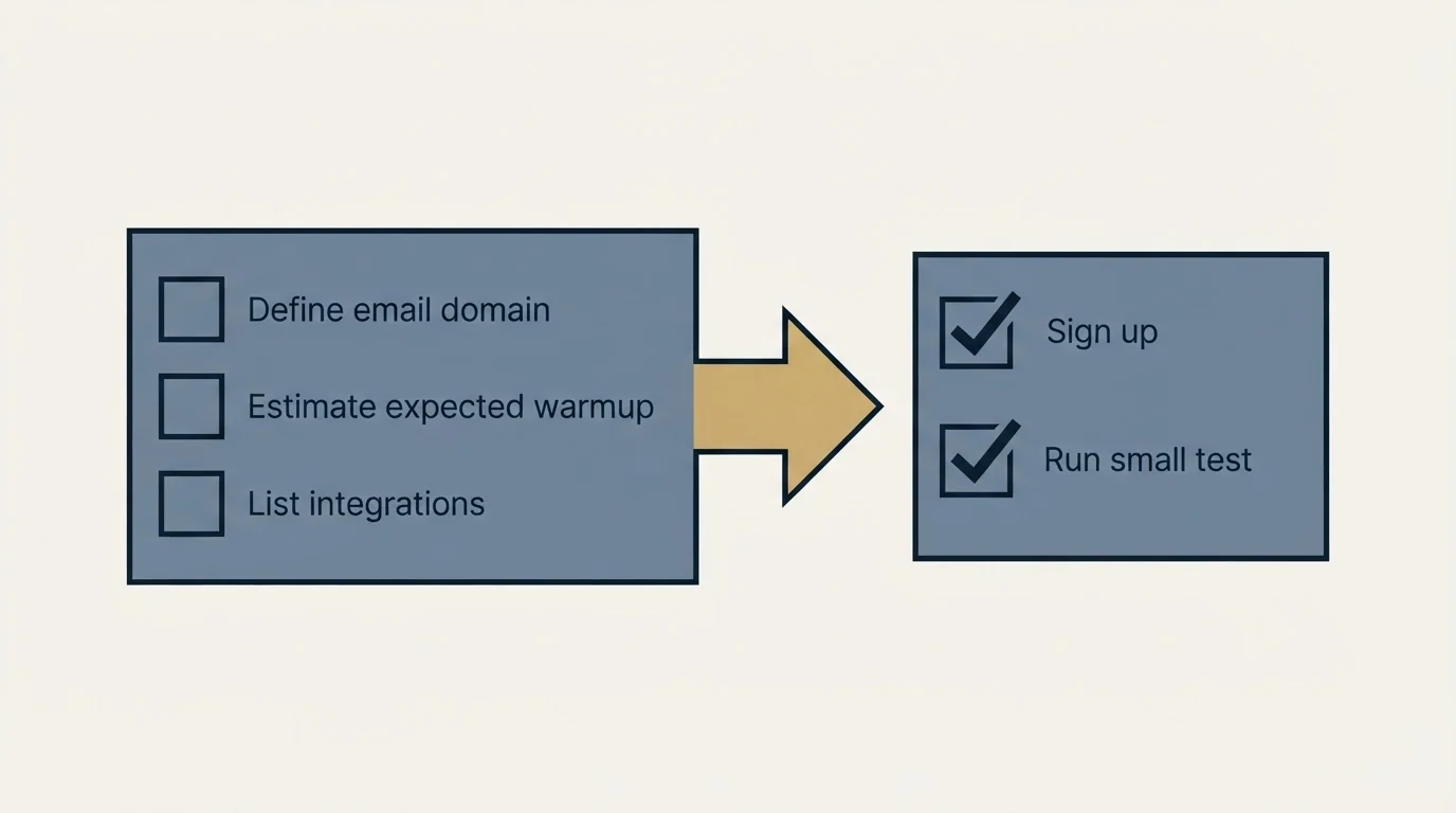 Before-and-after steps: Getting Started Checklist (Define email domain, Estimate expected warmup, List integrations, Sign up)