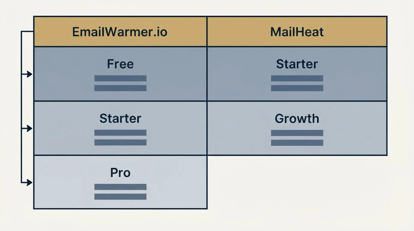 Pricing table: Pricing Comparison (EmailWarmer.io, MailHeat, Free, Starter)