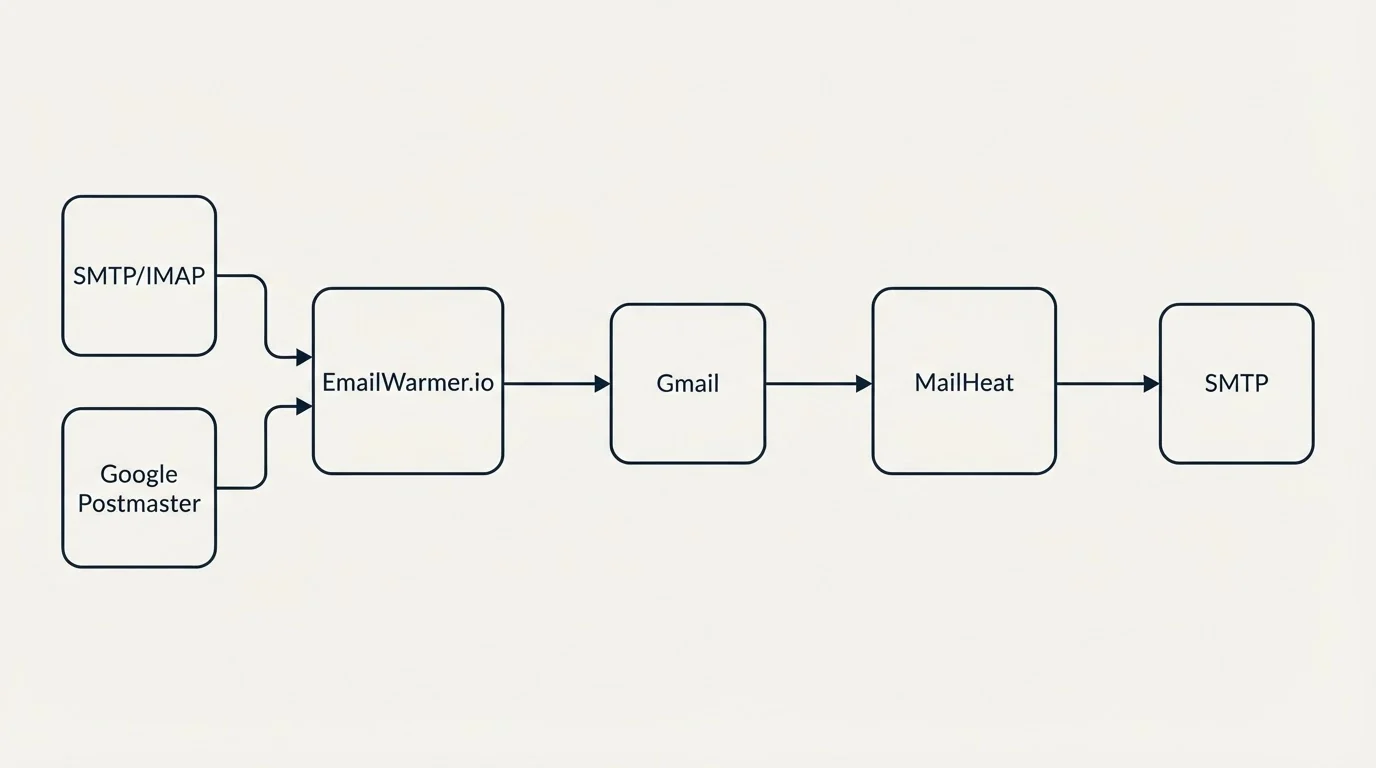 Integration flow: Integration Ecosystem (EmailWarmer.io, MailHeat, Gmail, SMTP/IMAP)