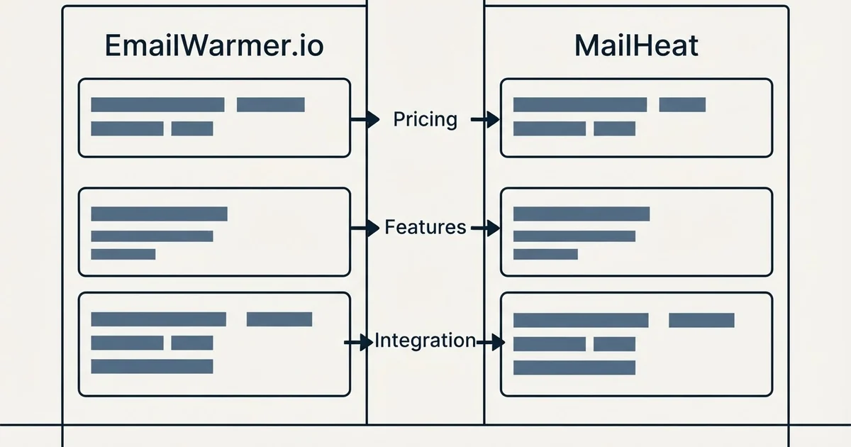 Comparison panel: EmailWarmer.io vs MailHeat (Pricing, Features, Integration)