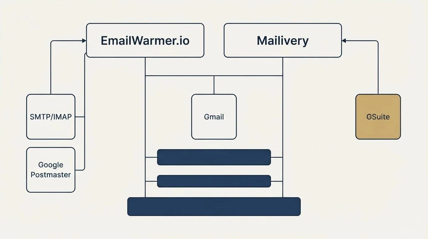 Integration grid: Integration Ecosystem (EmailWarmer.io, Mailivery, Gmail, SMTP/IMAP)