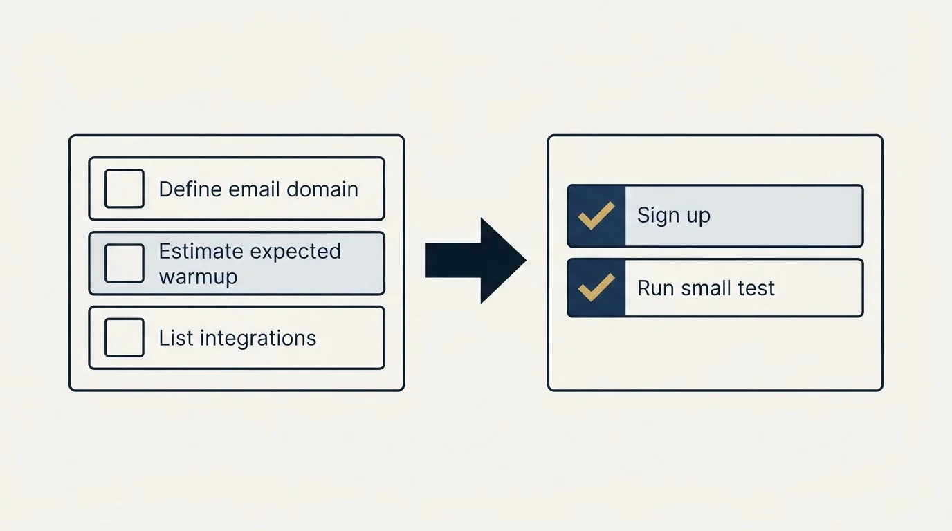 Before-and-after steps: Getting Started Checklist (Define email domain, Estimate expected warmup, List integrations, Sign up)