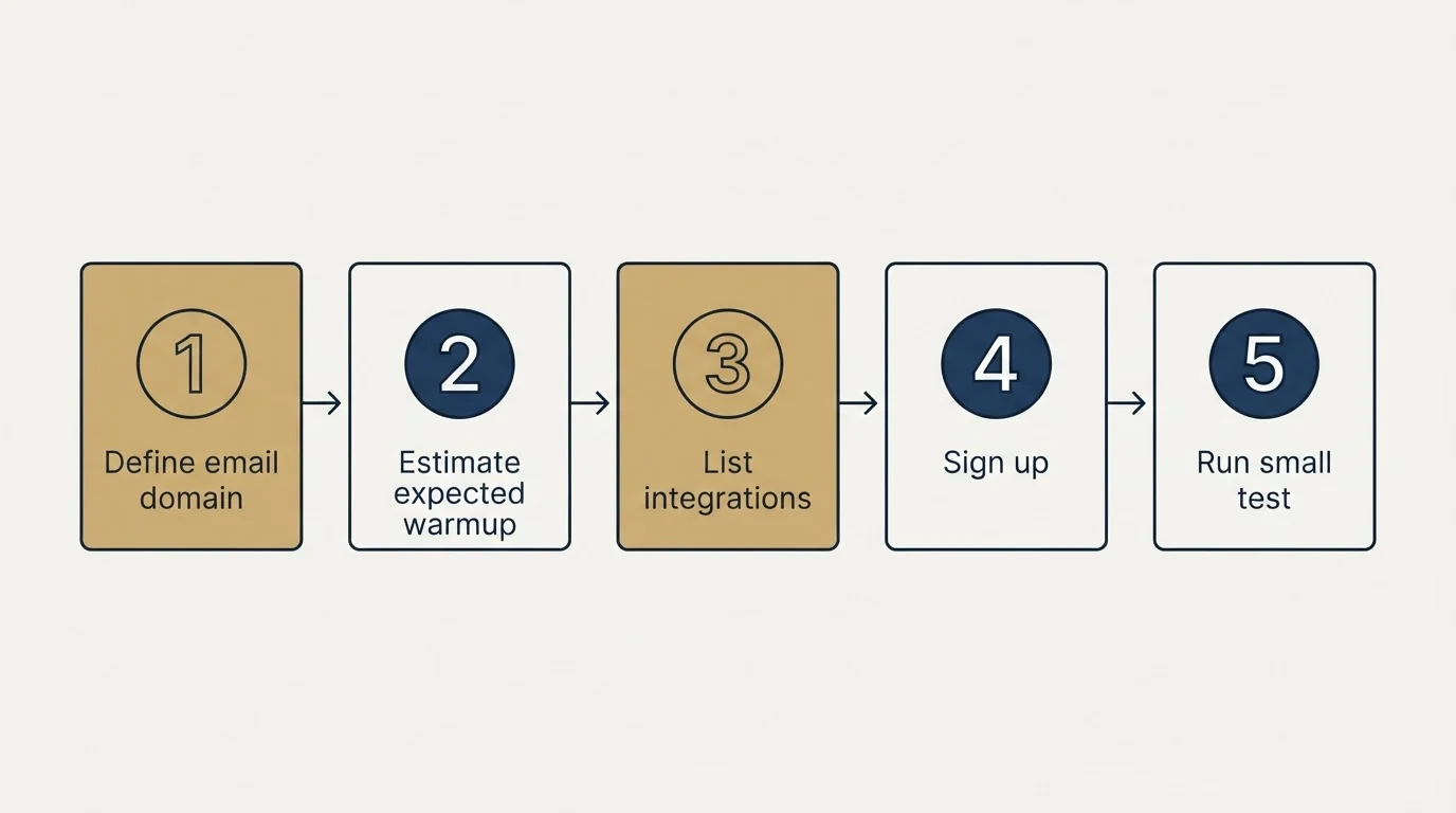 Step sequence: Getting Started Checklist (Define email domain, Estimate expected warmup, List integrations, Sign up)