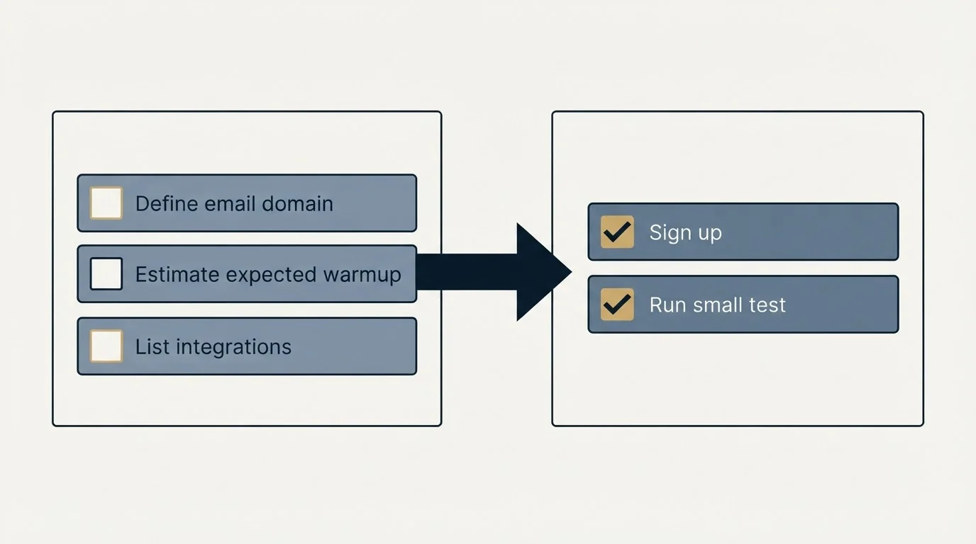 Before-and-after steps: Getting Started Checklist (Define email domain, Estimate expected warmup, List integrations, Sign up)