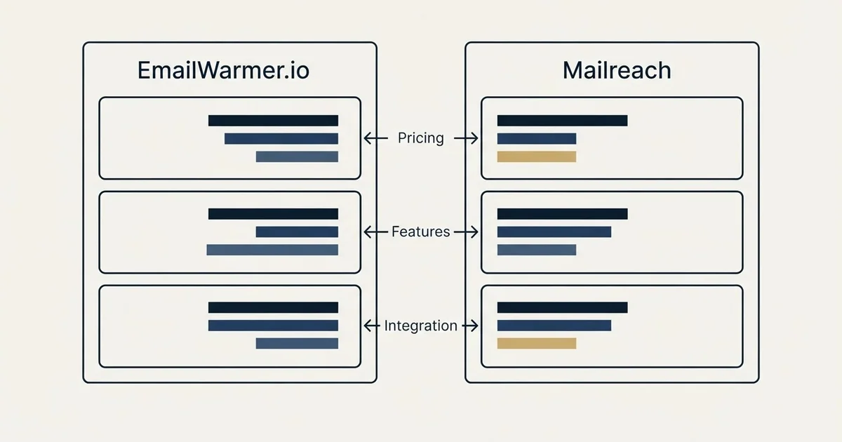 Comparison panel: EmailWarmer.io vs Mailreach (Pricing, Features, Integration)