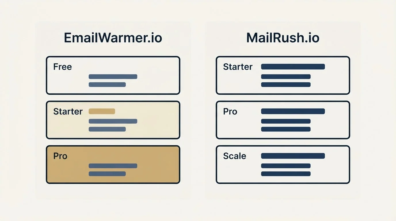 Pricing panels: Pricing Comparison (EmailWarmer.io, MailRush.io, Free, Starter)