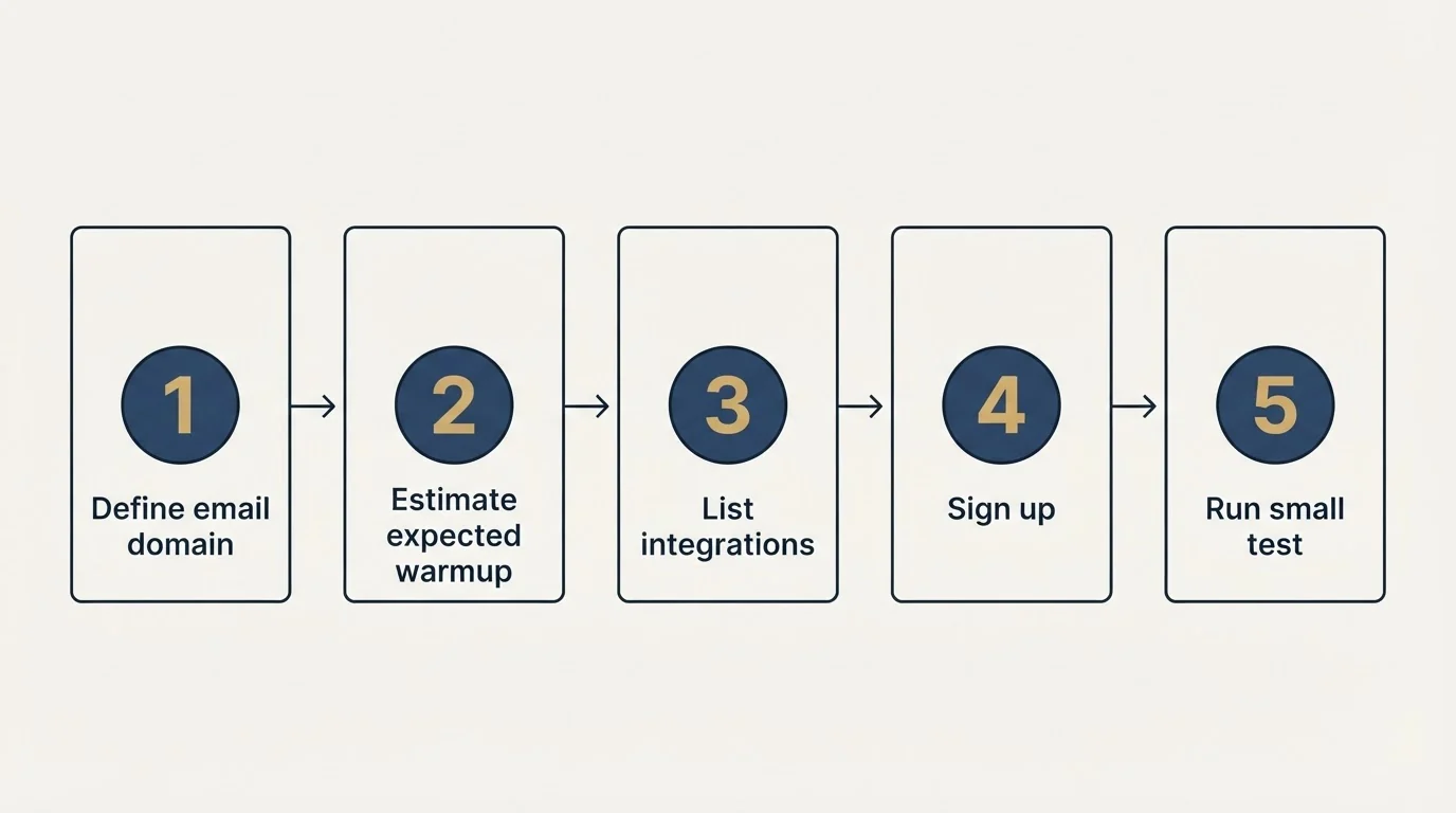 Step sequence: Getting Started Checklist (Define email domain, Estimate expected warmup, List integrations, Sign up)