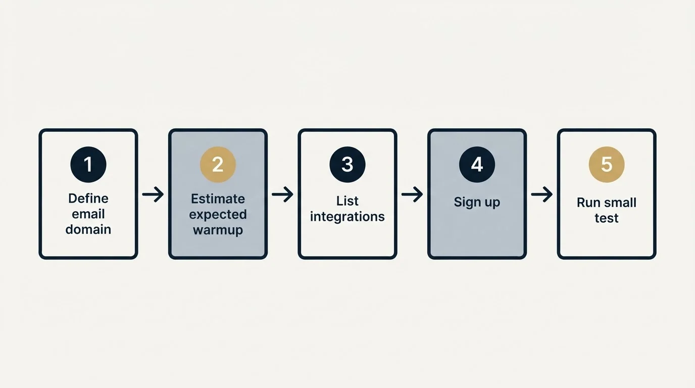 Step sequence: Getting Started Checklist (Define email domain, Estimate expected warmup, List integrations, Sign up)