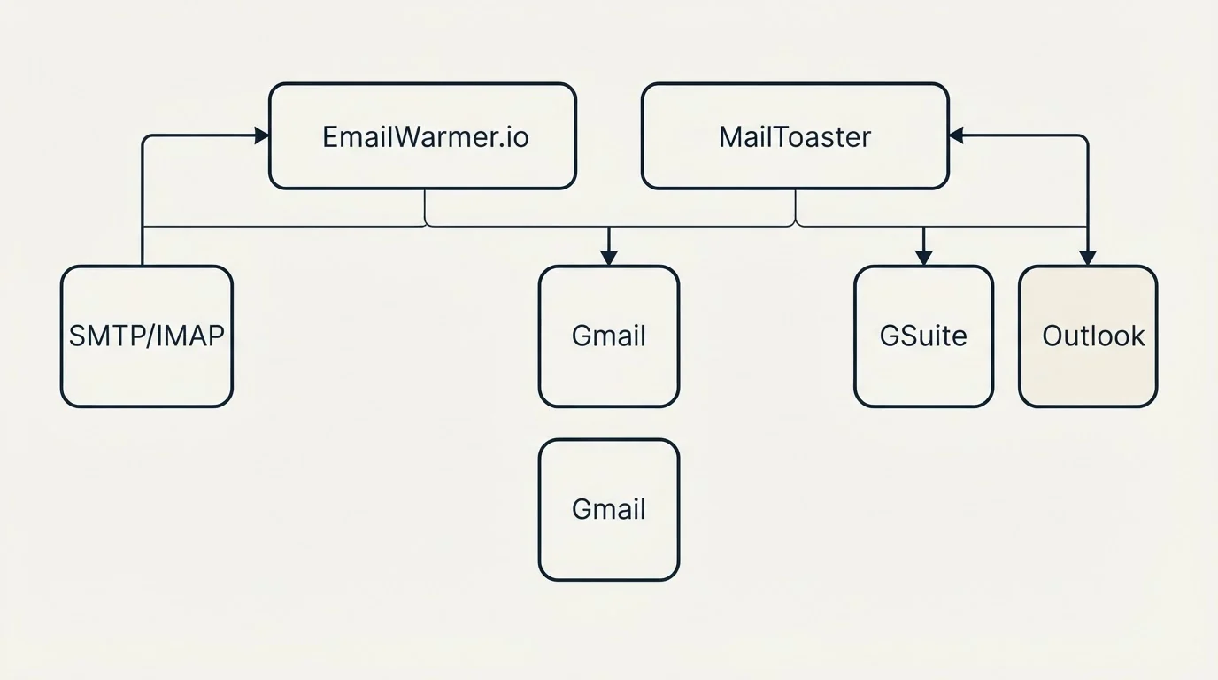 Integration grid: Integration Ecosystem (EmailWarmer.io, MailToaster, Gmail, GSuite)