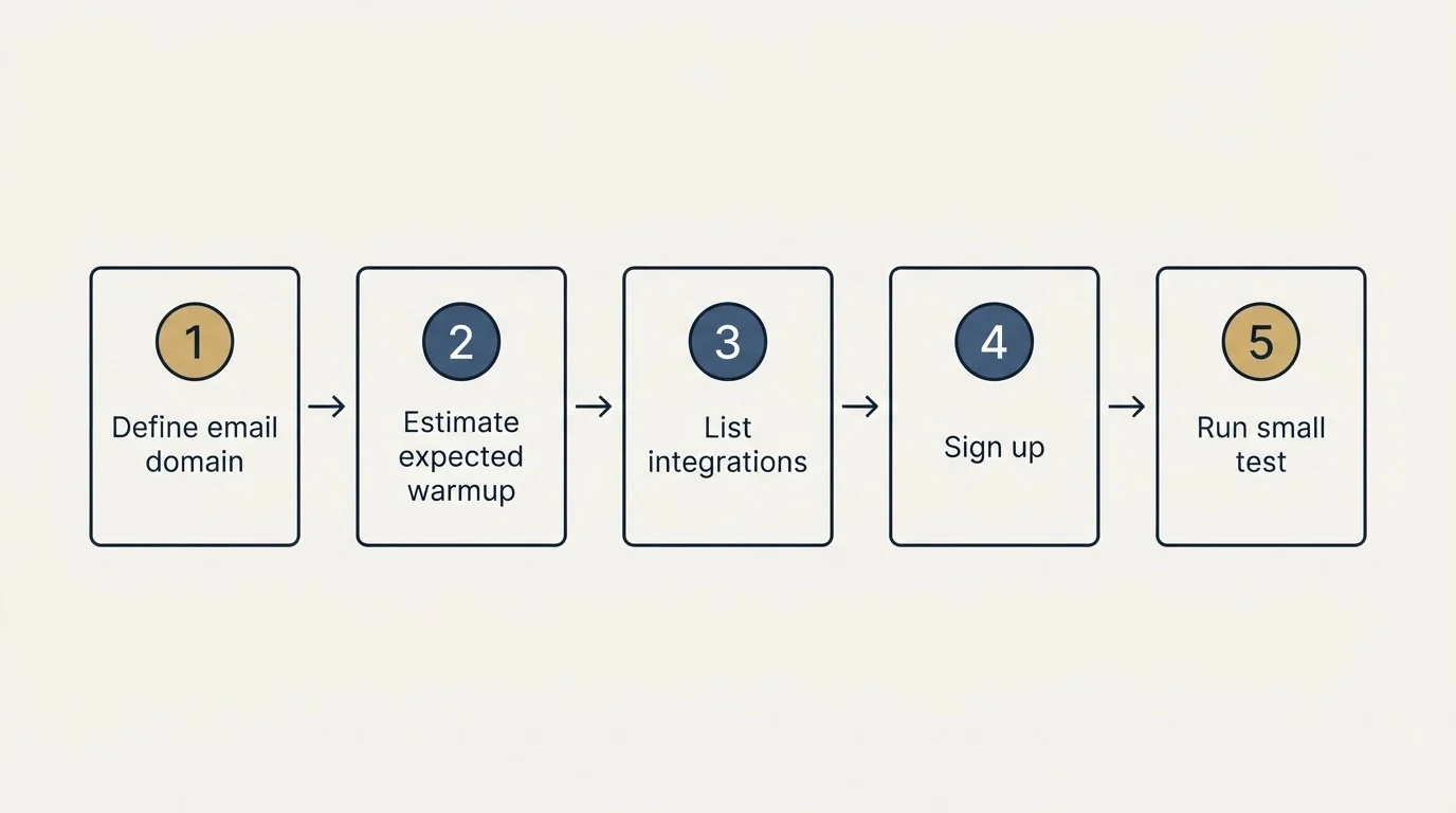 Step sequence: Getting Started Checklist (Define email domain, Estimate expected warmup, List integrations, Sign up)