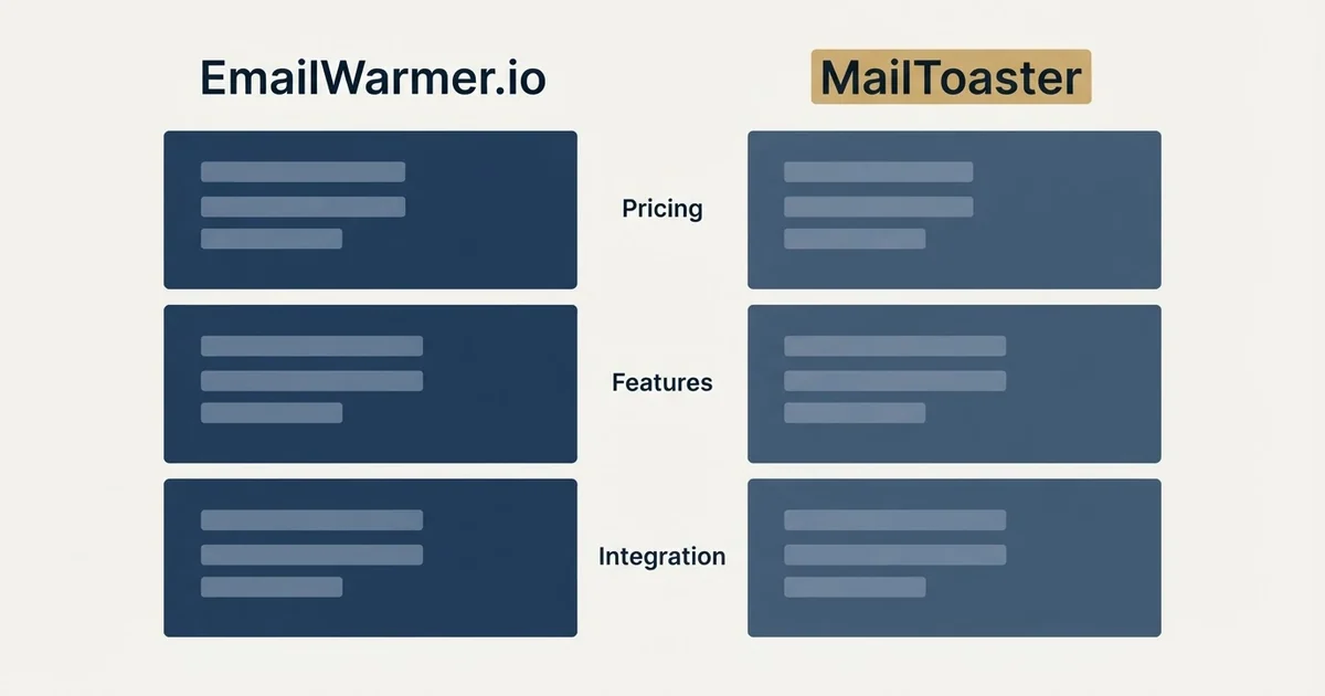 Comparison panel: EmailWarmer.io vs MailToaster (Pricing, Features, Integration)