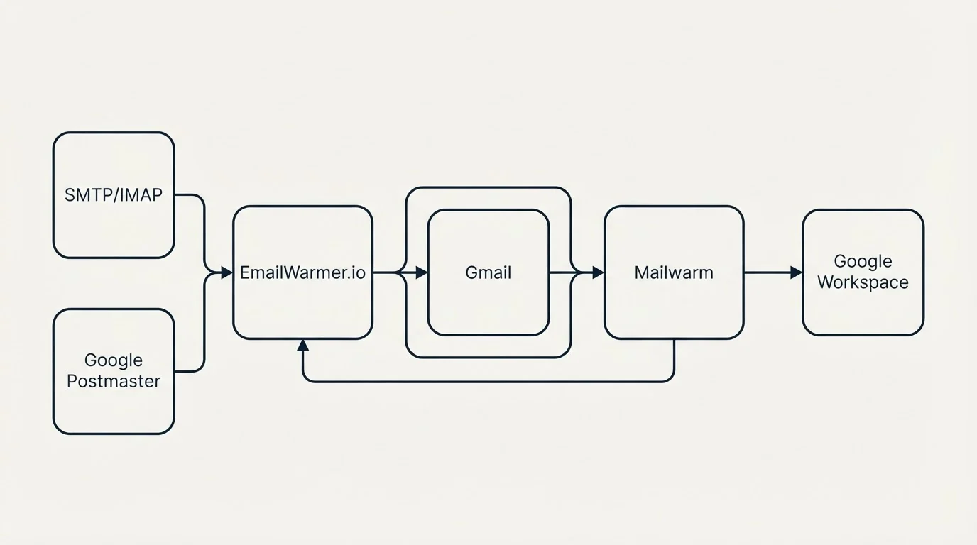Integration schematic: Integration Ecosystem (EmailWarmer.io, Mailwarm, Gmail, SMTP/IMAP)