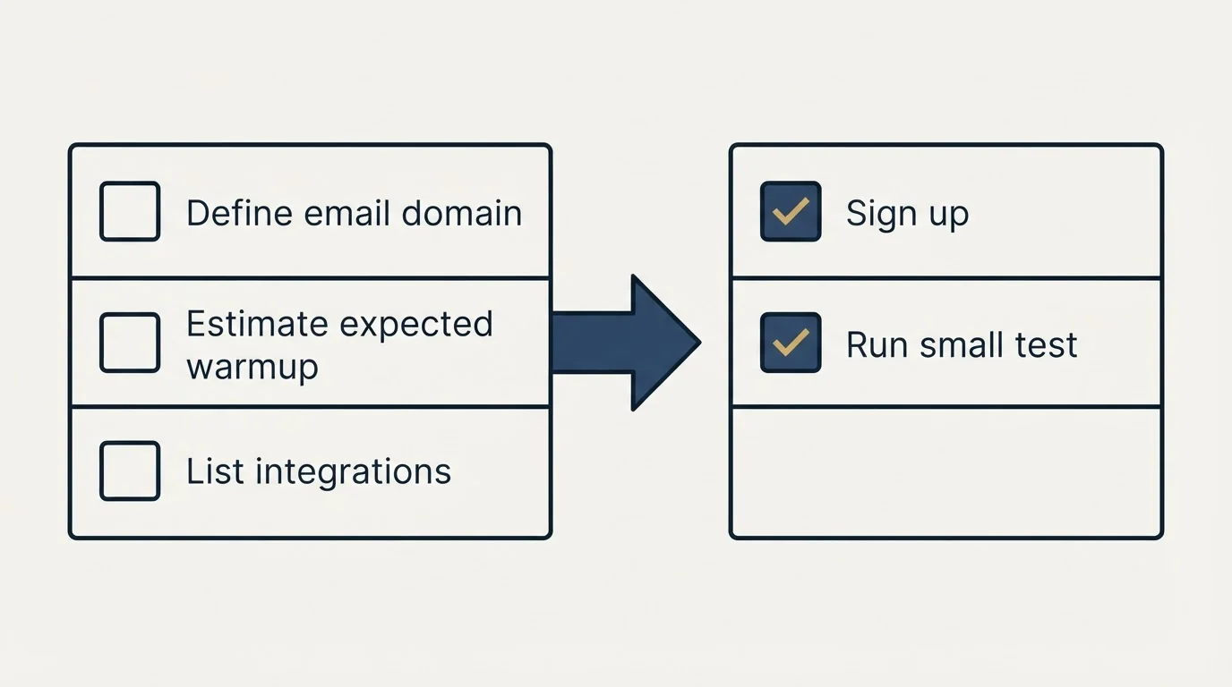 Before-and-after steps: Getting Started Checklist (Define email domain, Estimate expected warmup, List integrations, Sign up)