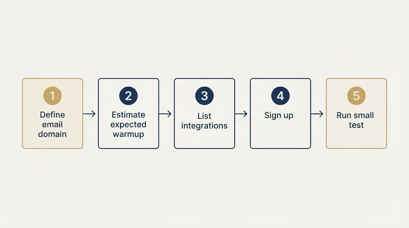 Step sequence: Getting Started Checklist (Define email domain, Estimate expected warmup, List integrations, Sign up)