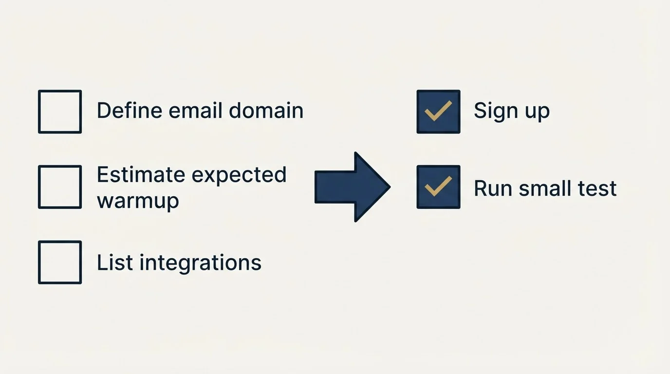 Before-and-after steps: Getting Started Checklist (Define email domain, Estimate expected warmup, List integrations, Sign up)