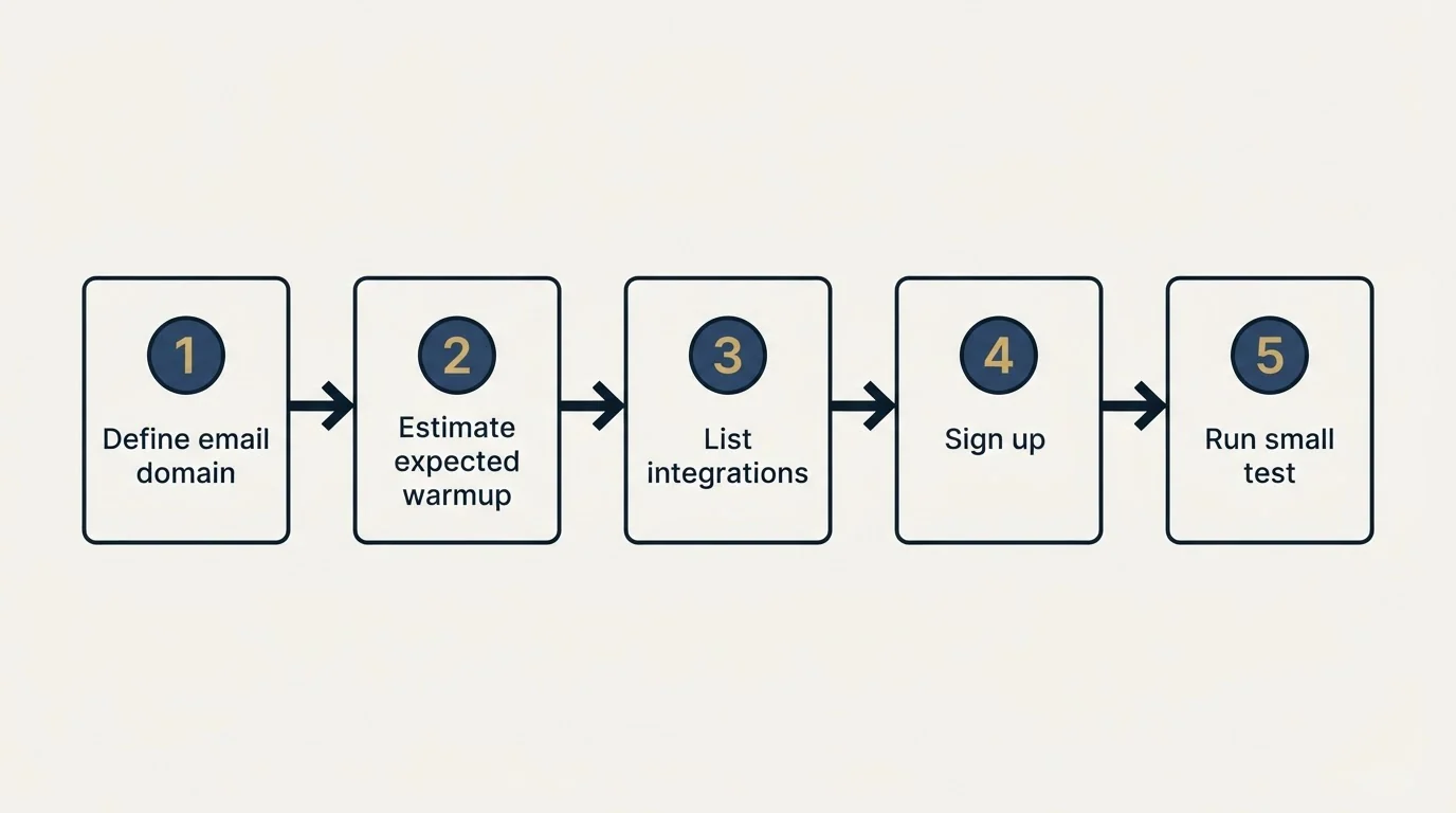 Step sequence: Getting Started Checklist (Define email domain, Estimate expected warmup, List integrations, Sign up)