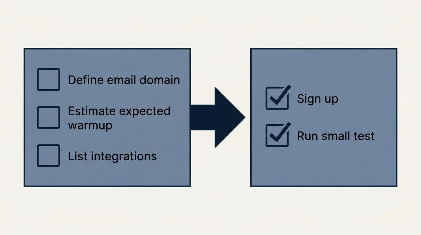 Before-and-after steps: Getting Started Checklist (Define email domain, Estimate expected warmup, List integrations, Sign up)