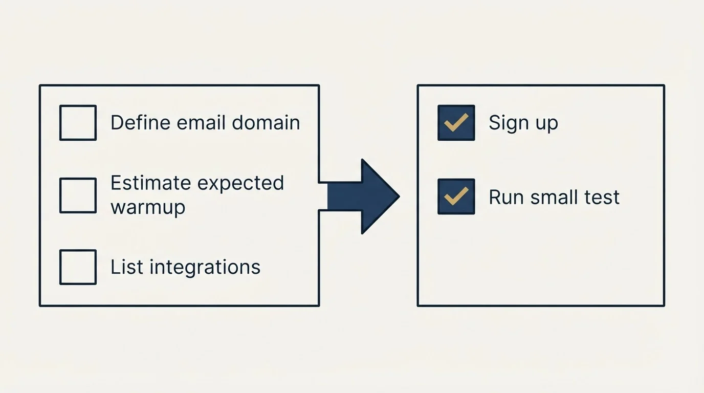 Before-and-after steps: Getting Started Checklist (Define email domain, Estimate expected warmup, List integrations, Sign up)