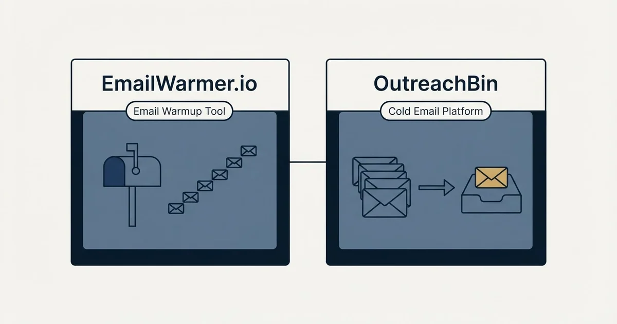 Side-by-side panels: EmailWarmer.io vs OutreachBin (Email Warmup Tool, Cold Email Platform)