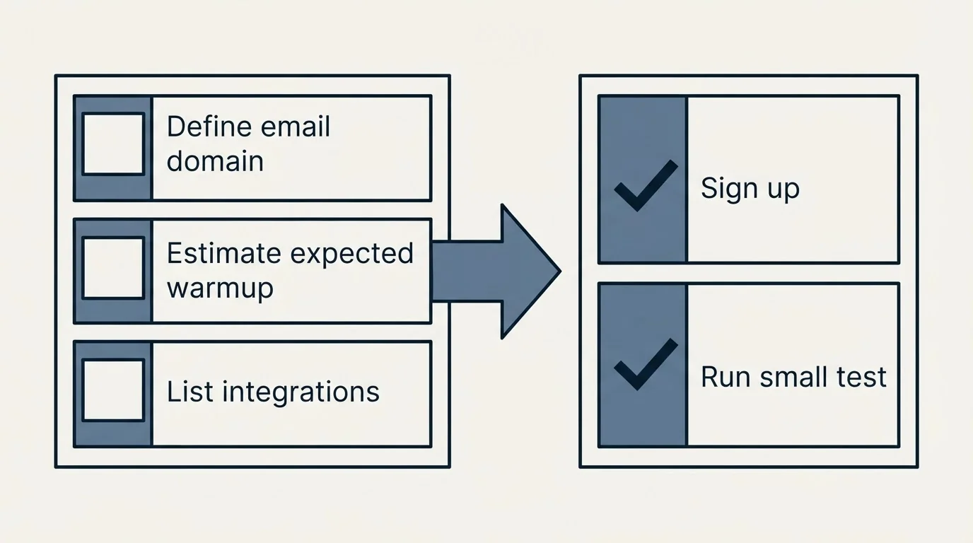 Before-and-after steps: Getting Started Checklist (Define email domain, Estimate expected warmup, List integrations, Sign up)