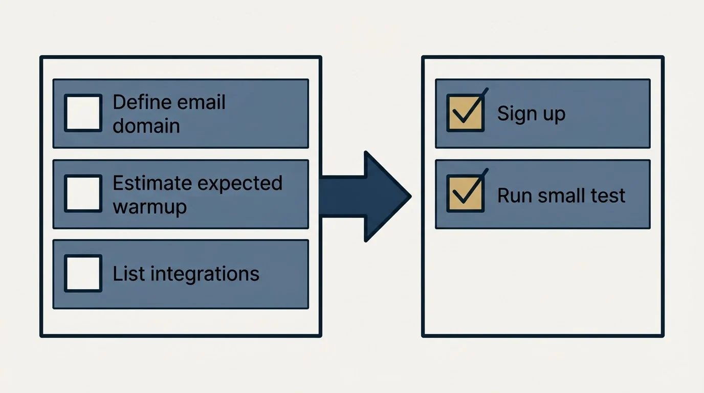 Before-and-after steps: Getting Started Checklist (Define email domain, Estimate expected warmup, List integrations, Sign up)