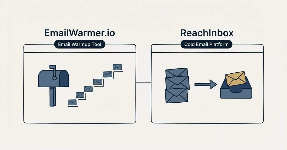 Side-by-side panels: EmailWarmer.io vs ReachInbox (Email Warmup Tool, Cold Email Platform)