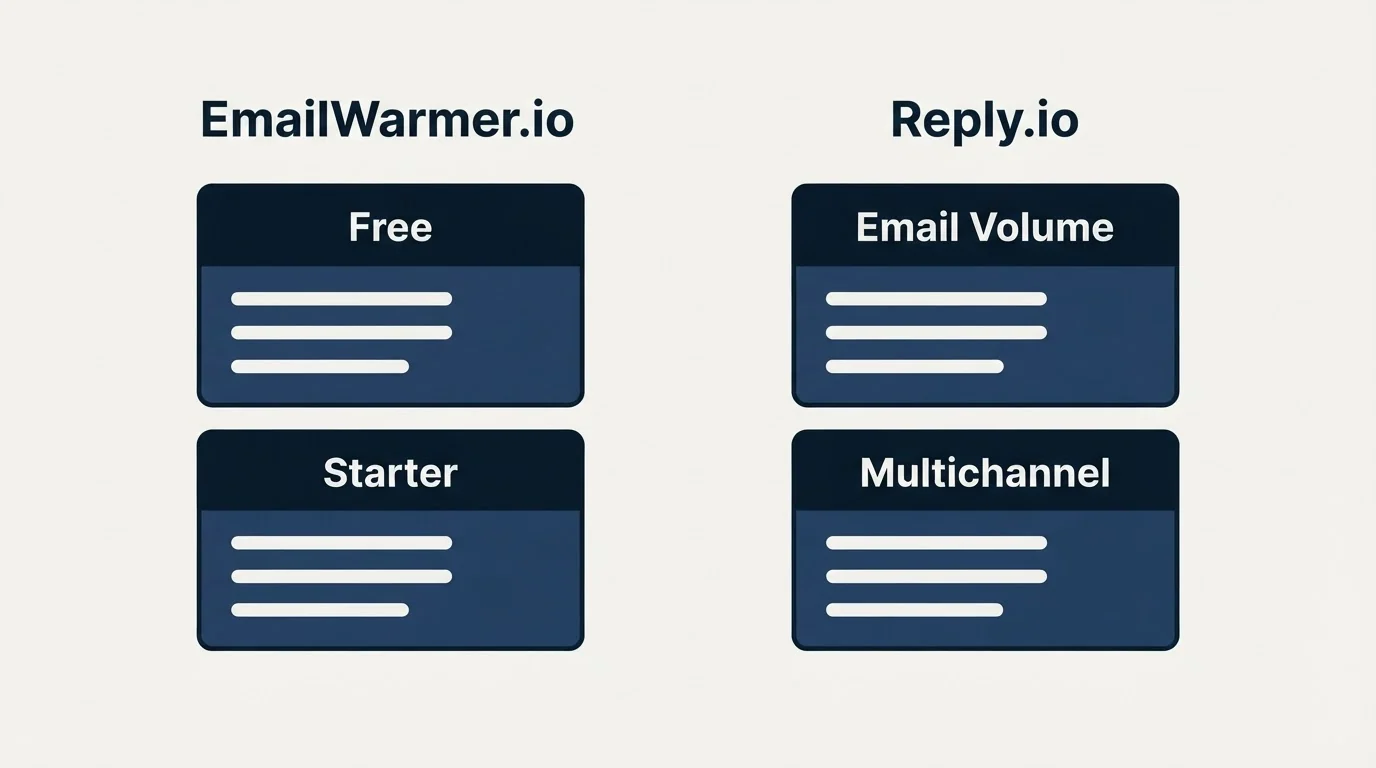 Pricing panels: Pricing Comparison (EmailWarmer.io, Reply.io, Free, Email Volume)